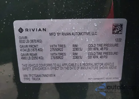 2022 Rivian R1T Adventure из США, поврежденный, VIN 7FCTGAAA7NN016514